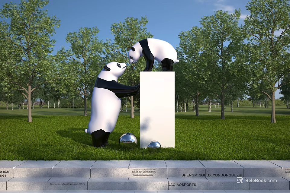 Playful Panda Sculptures in Park with Green Grass Trees White Column and Silver Spheres 3d model 