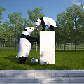 Playful Panda Sculptures in Park with Green Grass Trees White Column and Silver Spheres