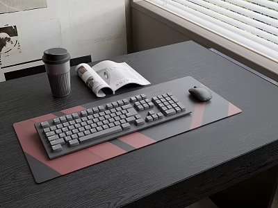 Modern Dark Desk Setup With Keyboard Mouse Pad Coffee Cup And Magazine 3d model