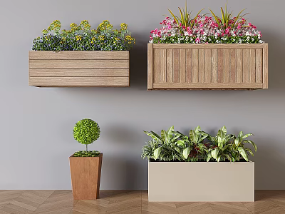 Beautiful Flowers and Green Plants in Hanging Wooden Planter Boxes and Potted Containers 3d model