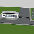 Porsche Showroom Exterior With Modern Glass Building White Sports Car And Lawn Scene