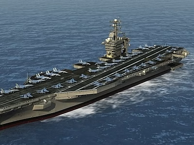 Military Aircraft Carrier Sailing in Open Sea With Numerous Fighter Jets on Deck 3d model