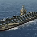 Military Aircraft Carrier Sailing in Open Sea With Numerous Fighter Jets on Deck