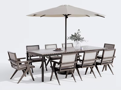 Modern Outdoor Table Set with Chairs Umbrella and Vase of Plants 3d model