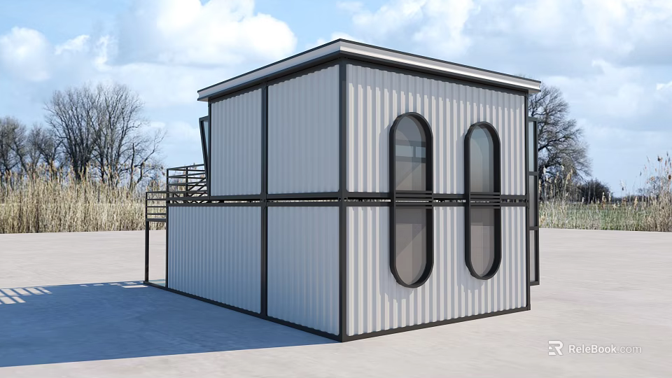 Modern Container Building With White Black Exterior Circular Windows And Staircase 3d model 