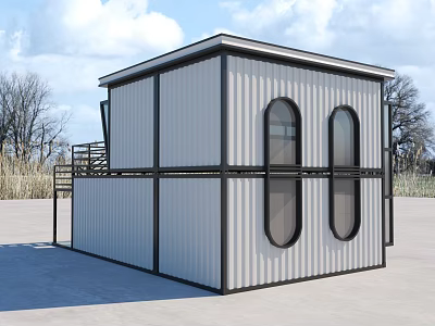 Modern Container Building With White Black Exterior Circular Windows And Staircase 3d model