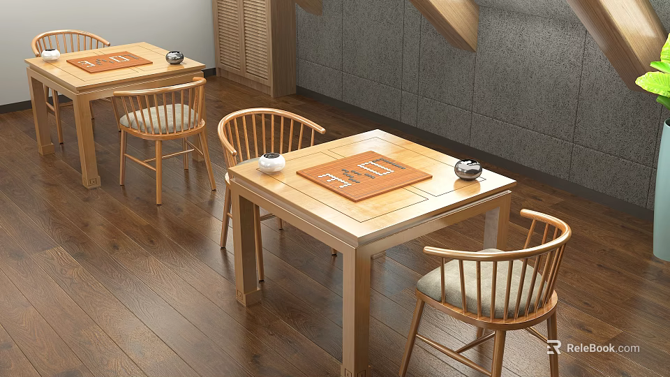 Hotel Mahjong Room with Wooden Tables Chairs and Cozy Interior Design 3d model 