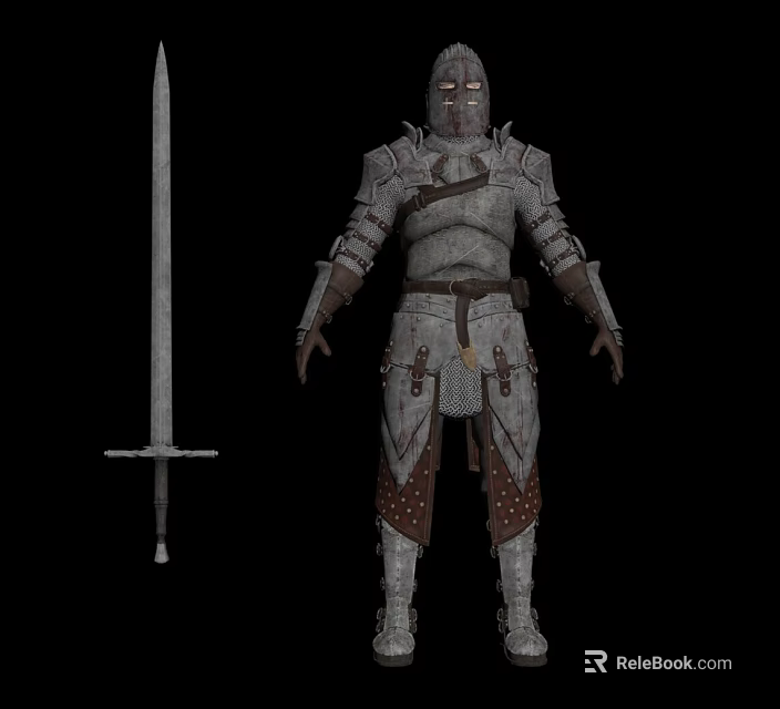 Game Movie Character In Medieval Metal Armor With Leather Straps And Sword 3d model 
