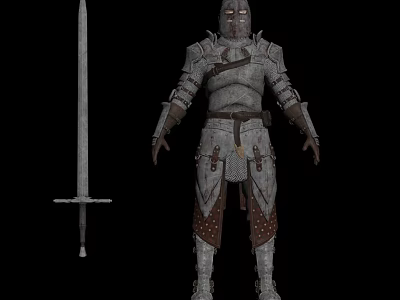 Game Movie Character In Medieval Metal Armor With Leather Straps And Sword 3d model
