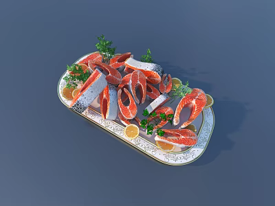 Fresh Salmon Slices Arranged on Ornate Platter with Lemon and Herbs 3d model