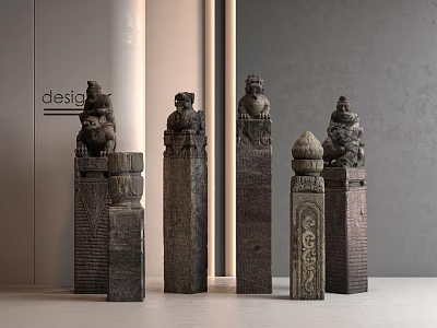 Traditional Carved Stone Pillars With Stone Lion Statues In Modern Interior 3d model