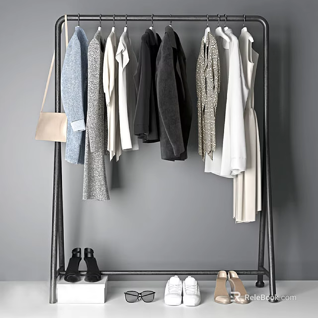 Minimalist Black Clothes Rack With Coats Dresses Shirts Handbag And Shoes 3d model 