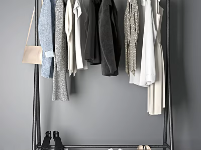 Minimalist Black Clothes Rack With Coats Dresses Shirts Handbag And Shoes 3d model