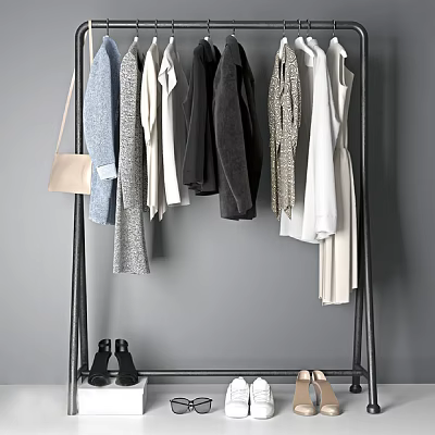 Minimalist Black Clothes Rack With Coats Dresses Shirts Handbag And Shoes 3d model