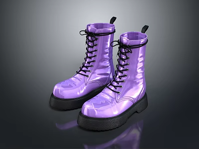Fashionable Shiny Purple Leather Boots With Black Laces And Thick Soles 3d model