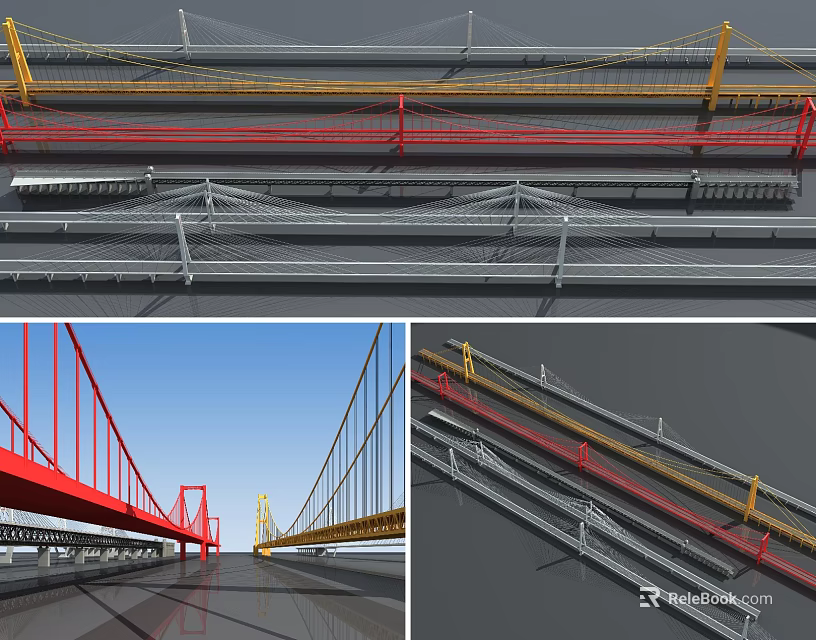 Different Types Of Bridge Design Featuring Red Yellow Cable Structures And Architectural Details 3d model 