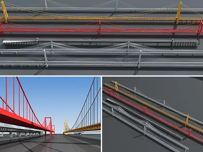 Different Types Of Bridge Design Featuring Red Yellow Cable Structures And Architectural Details 3d model