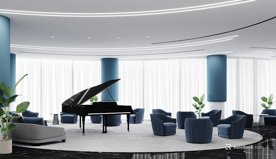 Modern Sales Office Interior Featuring Black Grand Piano Blue Columns And Green Plants 3d model 