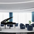 Modern Sales Office Interior Featuring Black Grand Piano Blue Columns And Green Plants