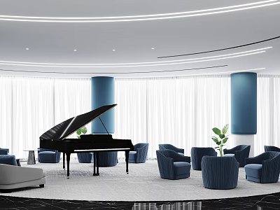 Modern Sales Office Interior Featuring Black Grand Piano Blue Columns And Green Plants 3d model