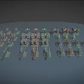 Various Weapon Models With Different Firearms And Green Orange Indicators Arranged On Gray Platform