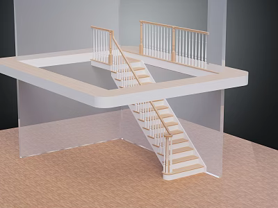 Staircase Design With Wooden Steps White Railing Balusters And Platform Structure 3d model