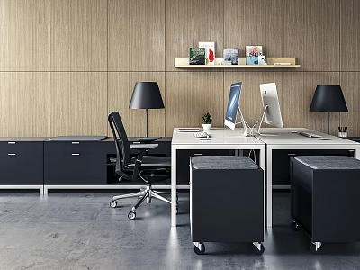 Modern Office Desk Setup With Two Computer Monitors Black Lamps Wooden Wall And Office Chair 3d model