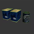 Household Supplies Including Blue Box Containers And Metal Canister With Labels