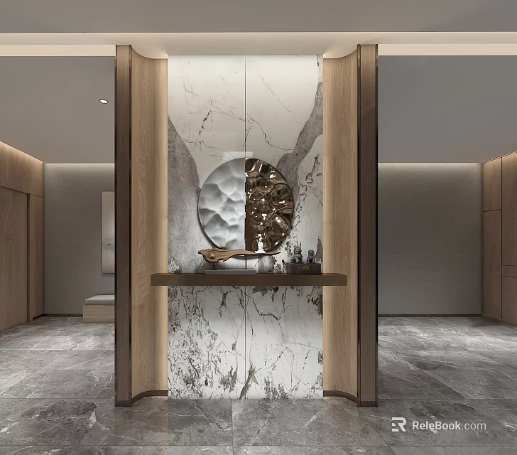 Modern Entryway Design With Marble Wall Wooden Frame And Circular Mirror 3d model
