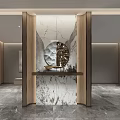 Modern Entryway Design With Marble Wall Wooden Frame And Circular Mirror 3d model