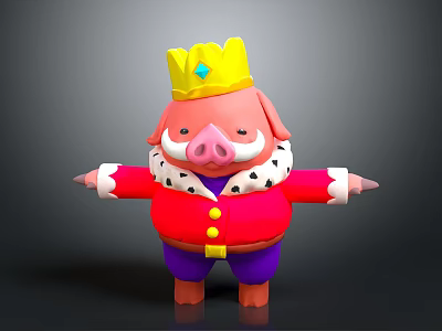 Animated Pig Game Character Wearing Red Coat With White Beard Yellow Crown And Purple Pants 3d model