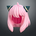 Game Anime Character Head With Pink Long Wavy Hair And Green Gold Horn Like Decorations