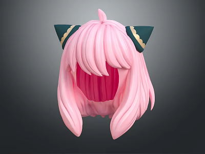 Game Anime Character Head With Pink Long Wavy Hair And Green Gold Horn Like Decorations 3d model