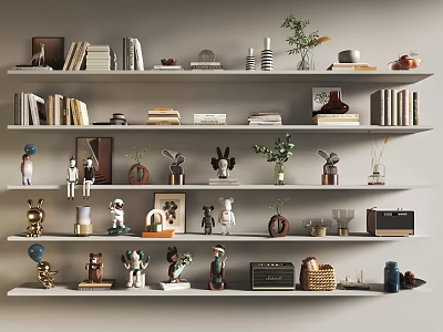 Decorative Ornament Set on White Floating Shelves with Books Figurines Vases Plants and Photo Frames 3d model