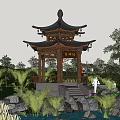 Scenic Traditional Chinese Pavilion Night View With Green Plants Stones and People Around