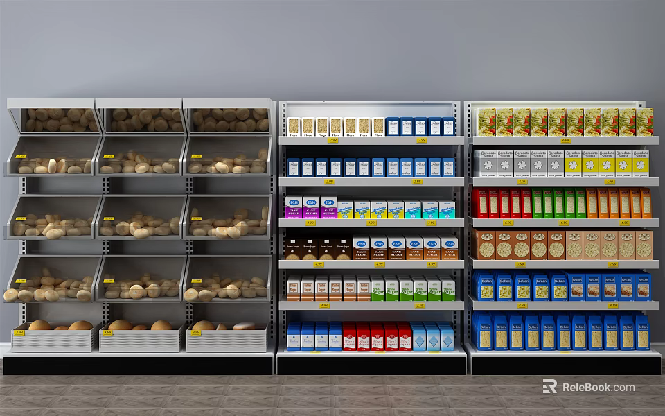 Retail Display Shelves Featuring Multi Tiered Racks With Assorted Products In Store 3d model 