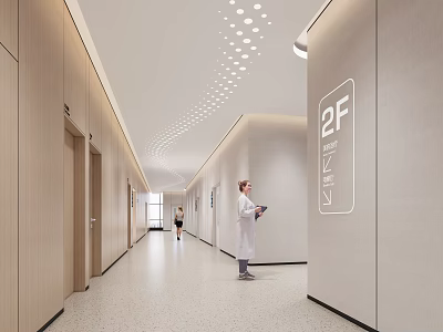 Hospital Outpatient Corridor Scene With Medical Staff 2F Sign Wooden Walls And Ceiling Lights 3d model