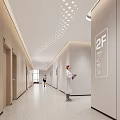 Hospital Outpatient Corridor Scene With Medical Staff 2F Sign Wooden Walls And Ceiling Lights