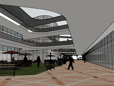 Shopping Mall Lobby With Multi Level Design Green Seating Area Glass Walls And People Walking 3d model