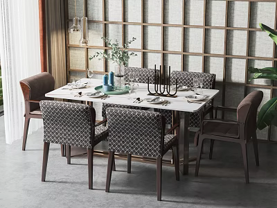 Modern Dining Table Set With Patterned Chairs Green Plants Tableware And Wooden Lattice Wall 3d model