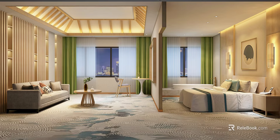 Hotel Guest Room Interior With Modern Design Green Curtains Night View Sofa And Bed 3d model 