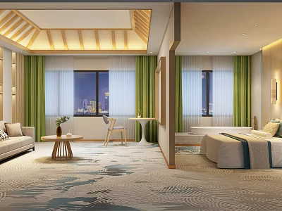 Hotel Guest Room Interior With Modern Design Green Curtains Night View Sofa And Bed 3d model