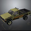 Yellow Vintage Pickup Truck With Orange Stripes Roof Rack And Off Road Tires