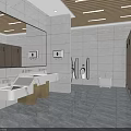 Modern Public Toilet Interior With White Tiled Walls Wooden Cubicles Sinks Mirror And Accessible Facilities