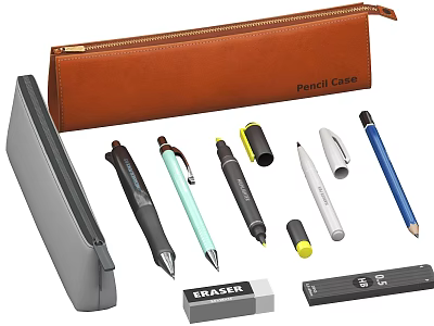 Different Writing Pens and Pencils with Leather Pencil Case Eraser and Sharpener 3d model