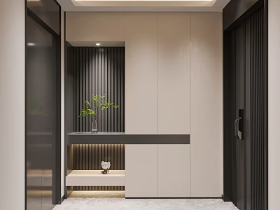 Modern Entrance Hallway Interior With Wooden Panel Cabinet Decorative Plant Recessed Lighting And Marble Floor 3d model