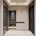 Modern Entrance Hallway Interior With Wooden Panel Cabinet Decorative Plant Recessed Lighting And Marble Floor