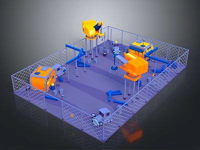 Modern Industrial Automation Workspace With Robotic Arms Blue Pipes And Metal Fences 3d model