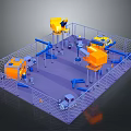 Modern Industrial Automation Workspace With Robotic Arms Blue Pipes And Metal Fences
