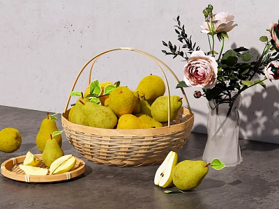 Fresh Ripe Pears in Wicker Basket with Sliced Pears and Roses Vase on Gray Tabletop 3d model